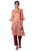Aure Collection By Aurelia Peach Floral Print Kurta With Off-White Trousers