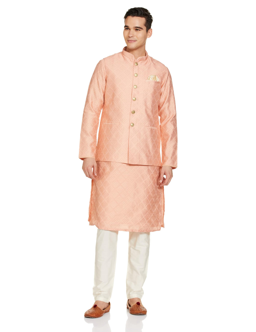 Manyavar Peach Art Silk Self Design Celebration Kurta Jacket Set With Mandarin Collar