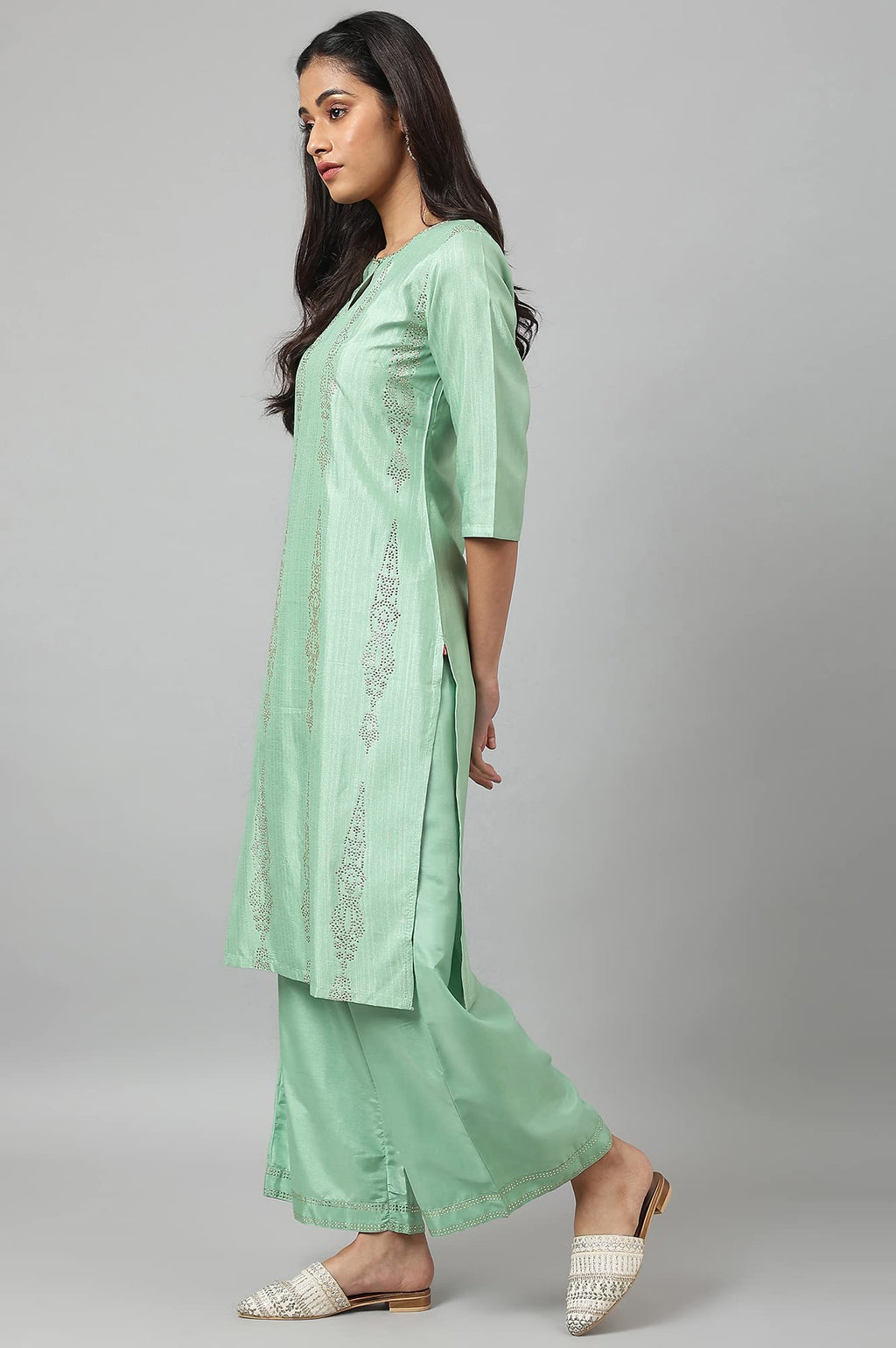 W For Woman Pistachio Green Mukaish Printed Kurta