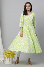 Aurelia WomenS Green Leaf Print Cotton Anarkali Kurta