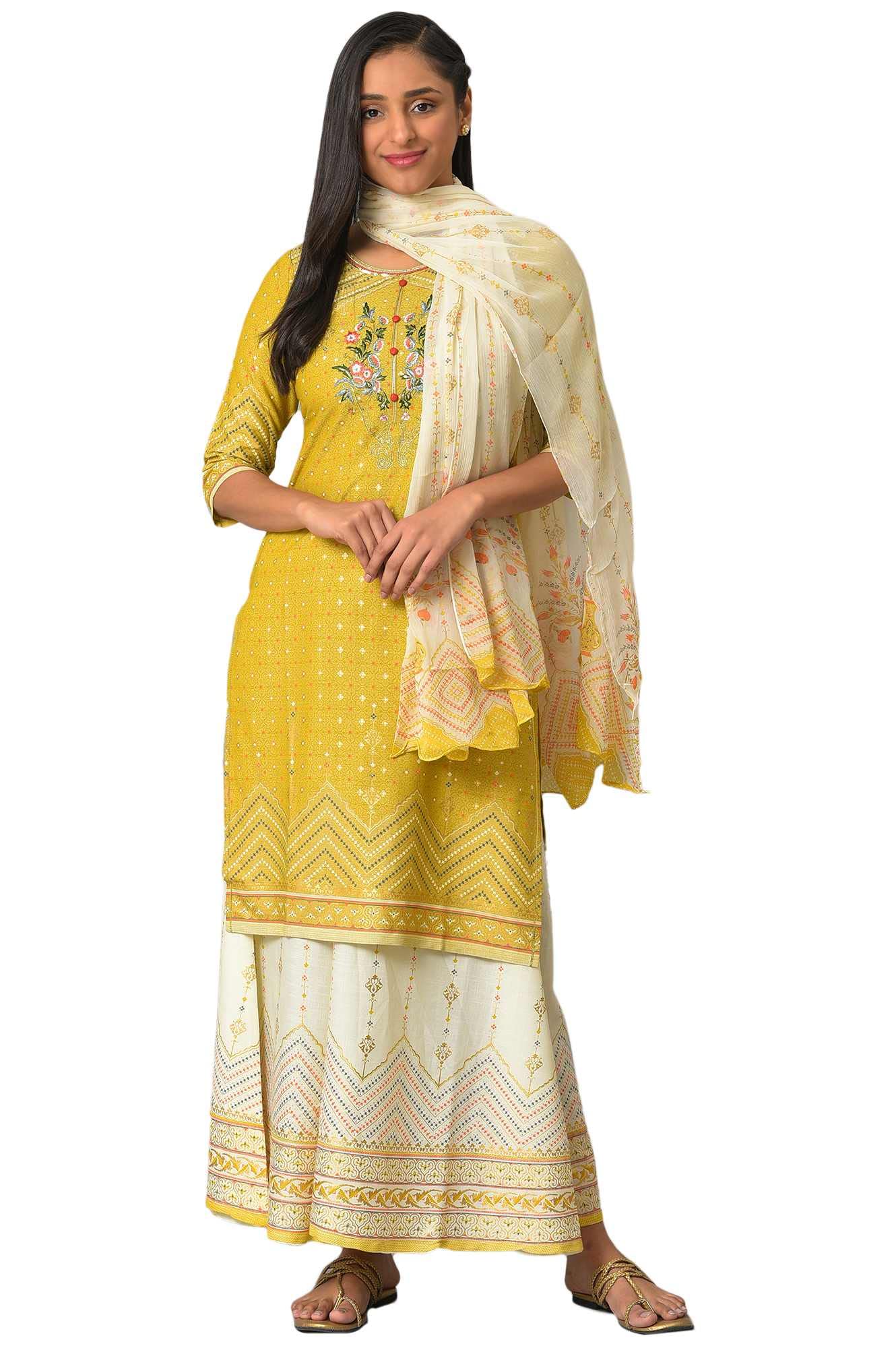 Aurelia Cream Gold Kurta-Semi Flare Palazzo-Dupatta-