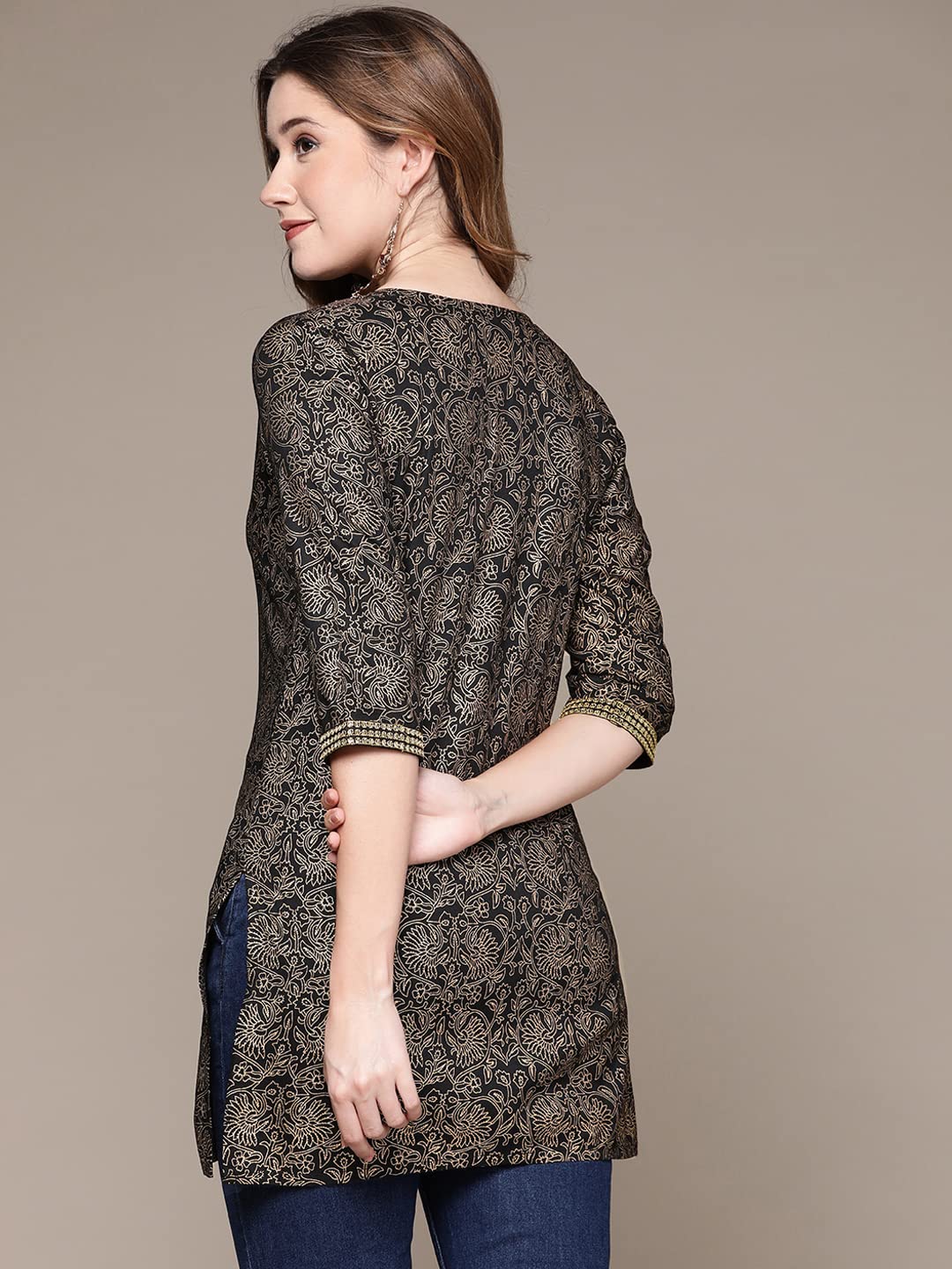 Anubhutee Black Ethnic Printed Straight Short Cotton Kurti For Women