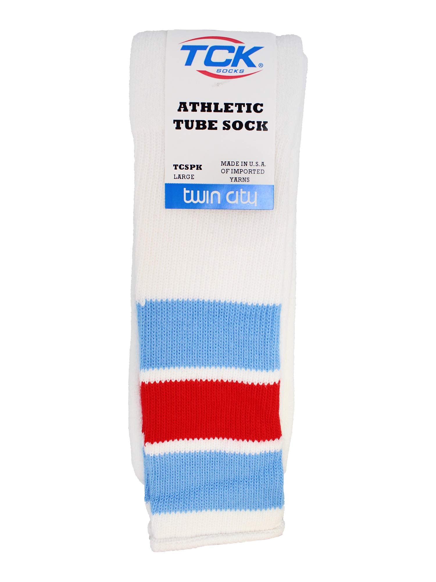 TCK Retro 3 Stripe Tube Socks (Columbia Blue/Scarlet, Large)