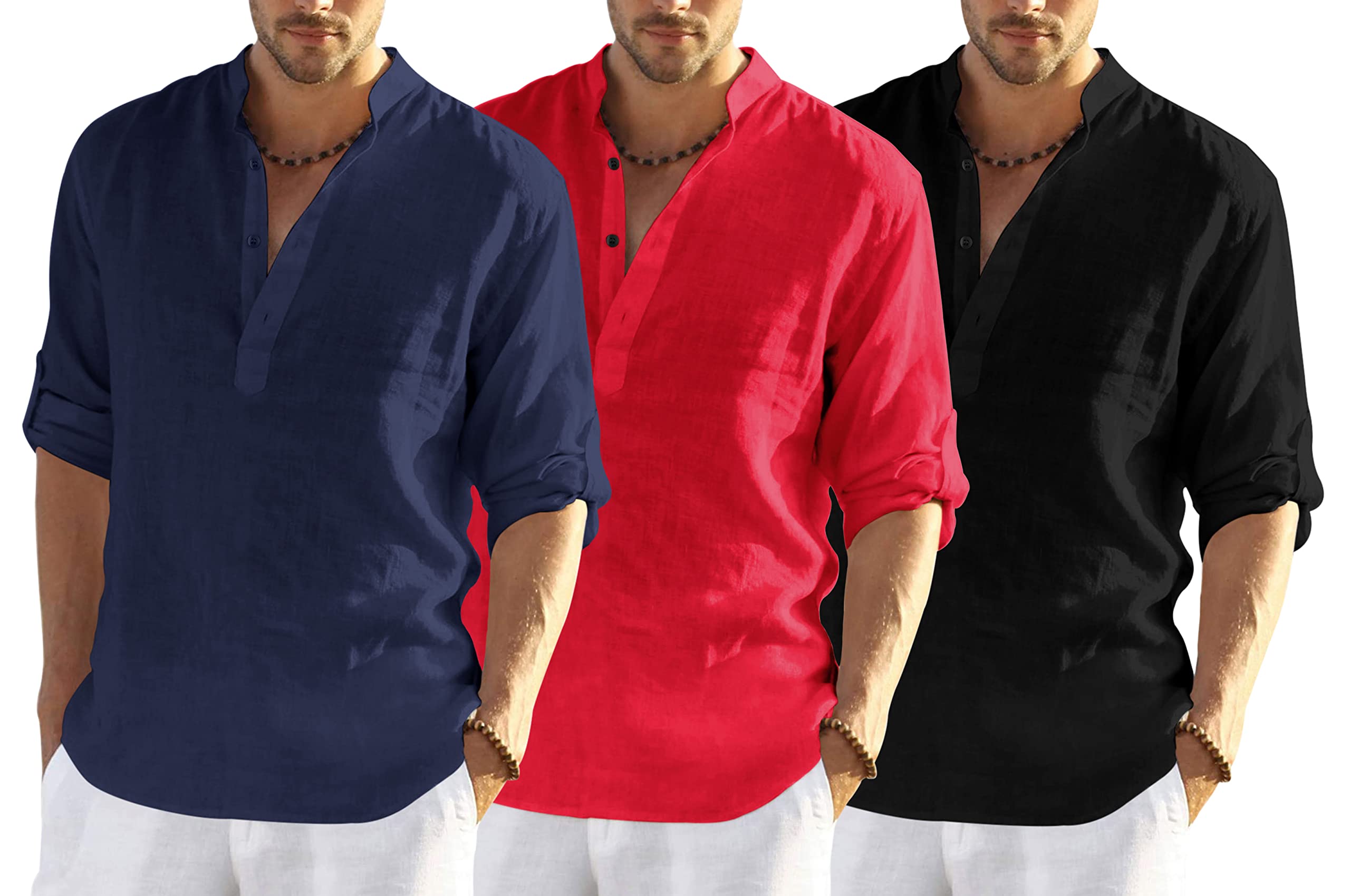 Hemrin Combo Of 3 MenS Cotton Blend Full Sleeve Short Kurta Shirt With Mandarin Collar