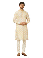 Manyavar Beige Blended Cotton Printed|Embroidery|Zari Kurta Pyjama Set For Men