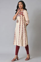 W Gold Khadi Floral Printed Straight Long Cotton Kurta For Women