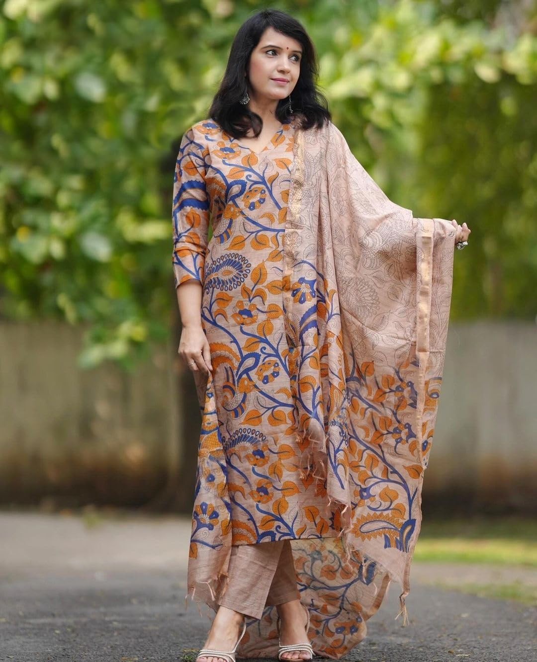 ANNI DESIGNER Womens Rayon Blend Printed Straight Kurta with Pant & Dupatta (Kalam Chiku_M_Beige_Medium)