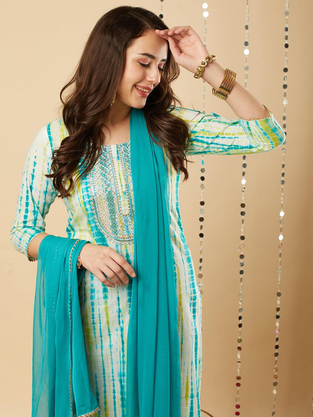 ANNI DESIGNER Womens Cotton Blend Straight Printed Kurta with Pant & Dupatta (Tiedye-RAMA Blue_XXL_Blue_XX-Large)