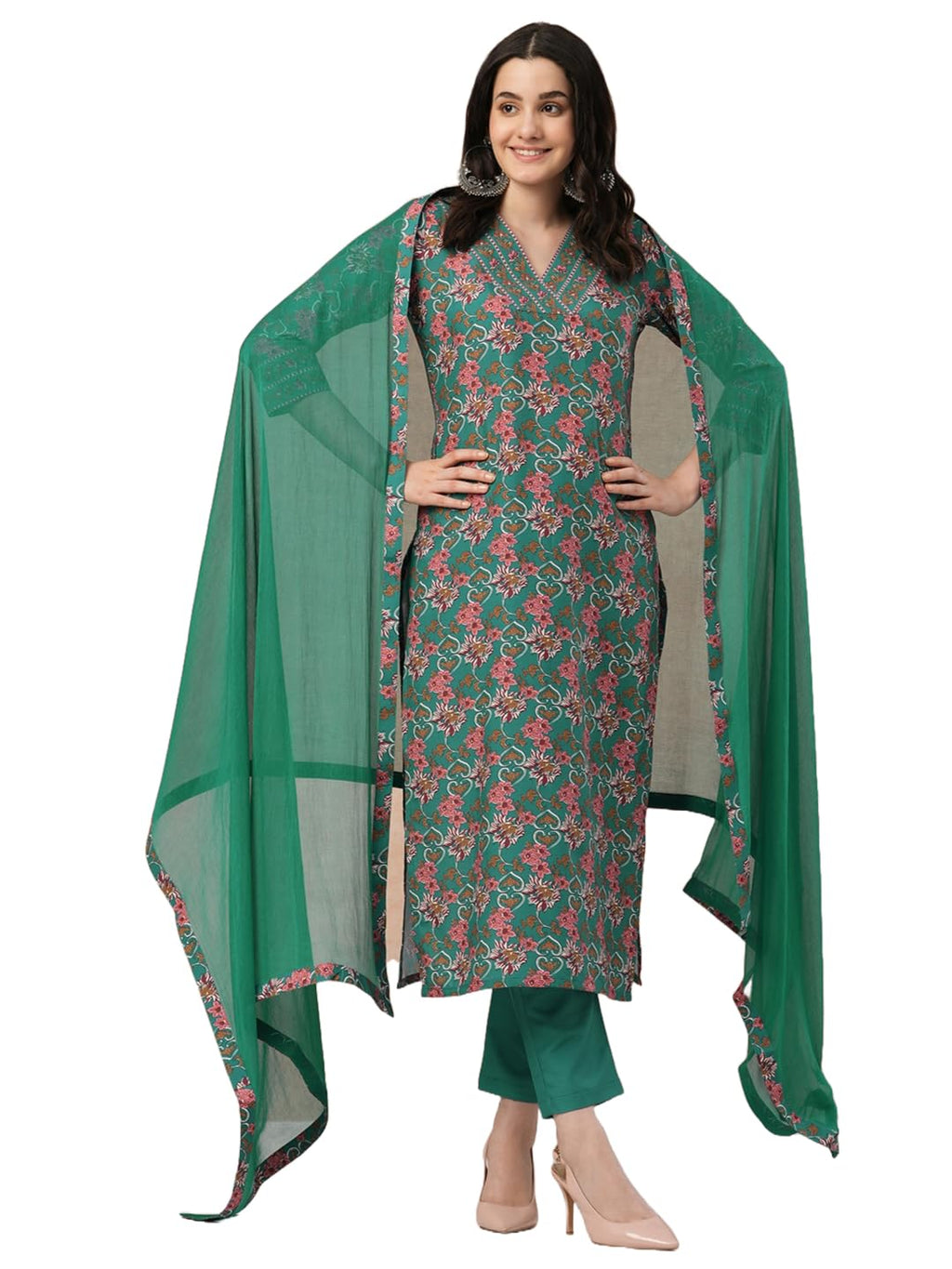 ANNI DESIGNER Womens Rayon Blend Straight Printed Kurta with Pant & Dupatta (Shaniya Green-NW_S_Green_Small)