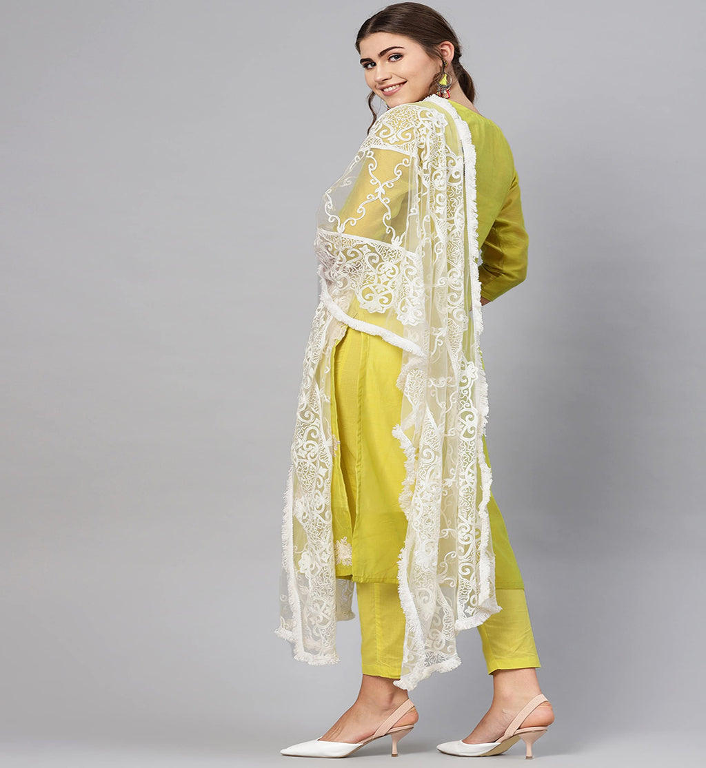 Anni Designer Women'S Ruby Cotton Straight Embroidery Kurti With Pant & Dupatta Set (White-Show-Light-Nw)
