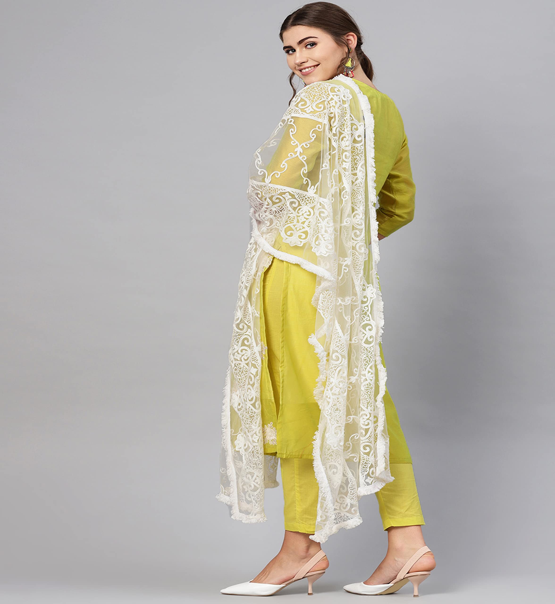 Anni Designer Women'S Ruby Cotton Straight Embroidery Kurti With Pant & Dupatta Set (White-Show-Light-Nw)