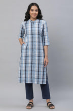 Aurelia Blue Checked Cotton Regular Kurta for Women