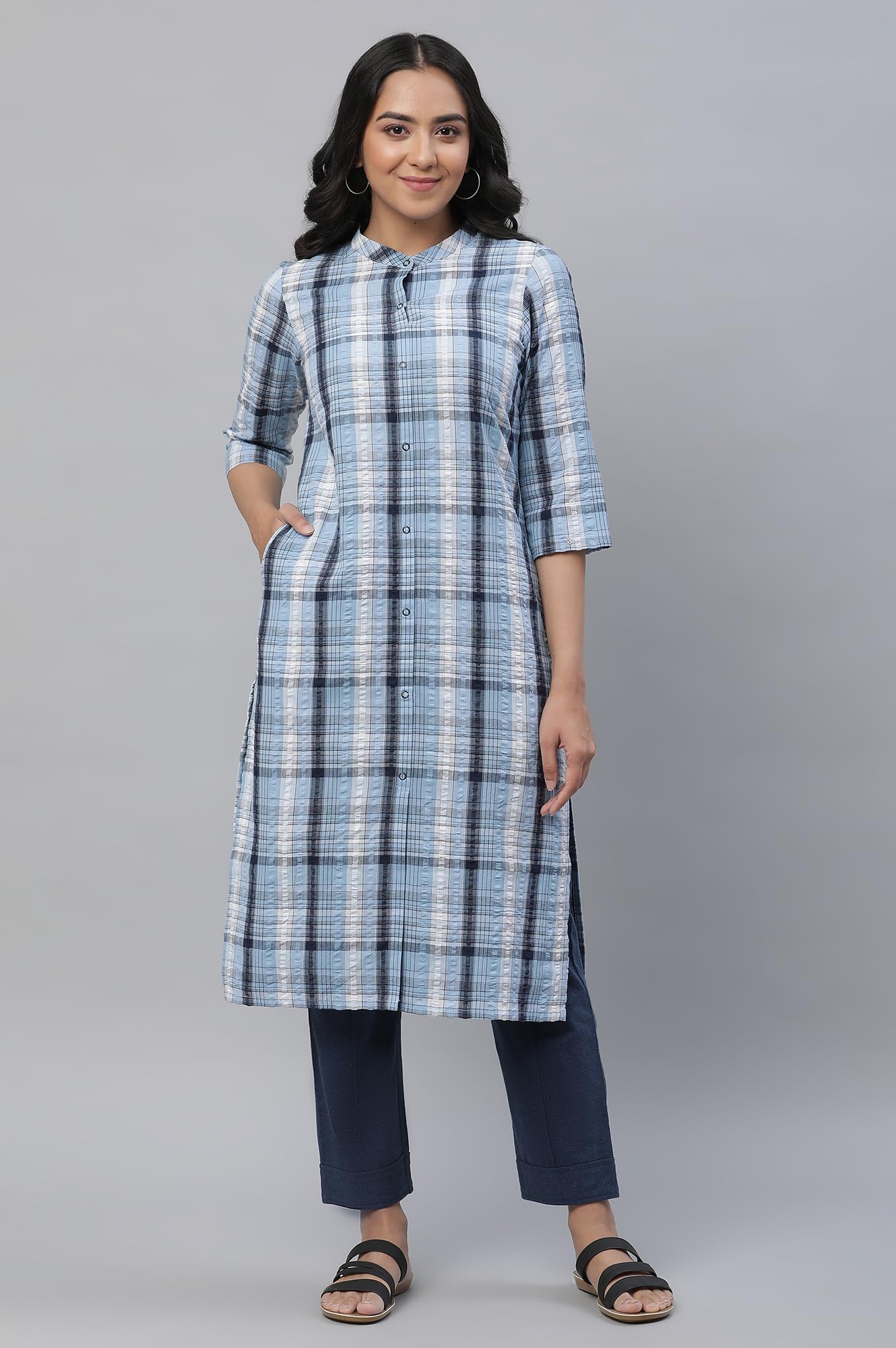 Aurelia Blue Checked Cotton Regular Kurta for Women