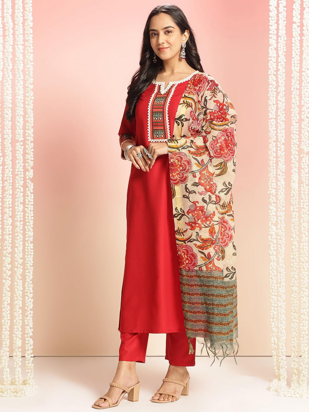 ANNI DESIGNER Womens Rayon Viscose Floral Straight Kurta with Pant & Dupatta (Dhar-CLRS-RB_Red_XX-Large)