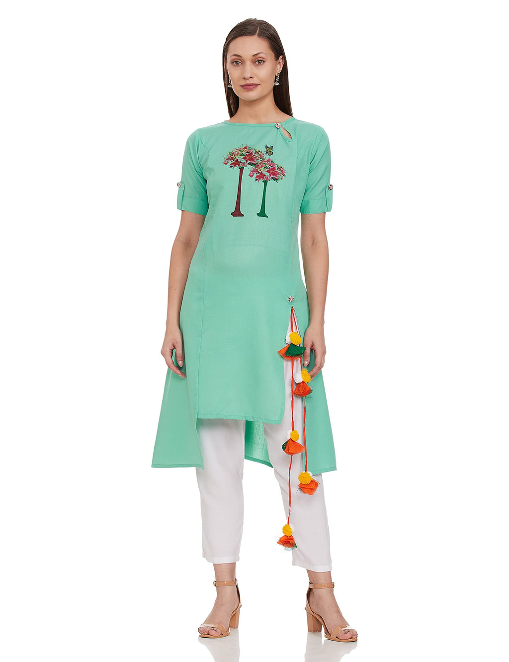 Greciilooks Women Cotton A-Line Regular Fit Kurti (Sea Green, Large)