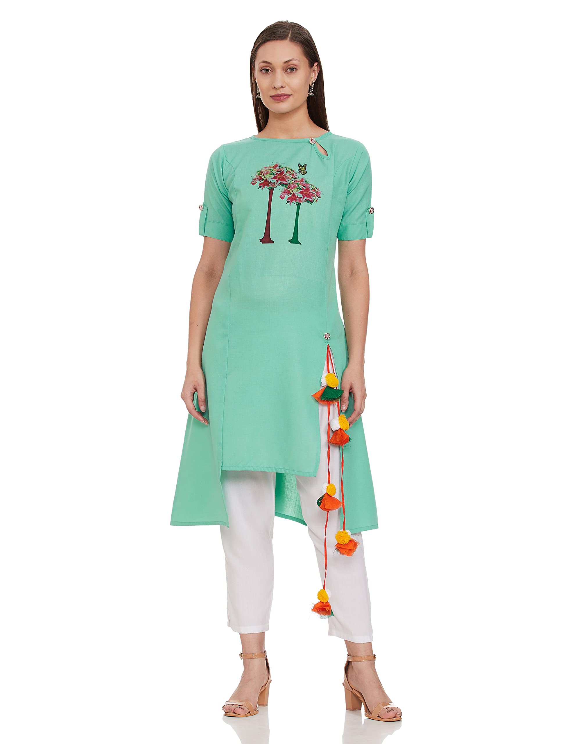 Greciilooks Women Cotton A-Line Regular Fit Kurti (Sea Green, Large)