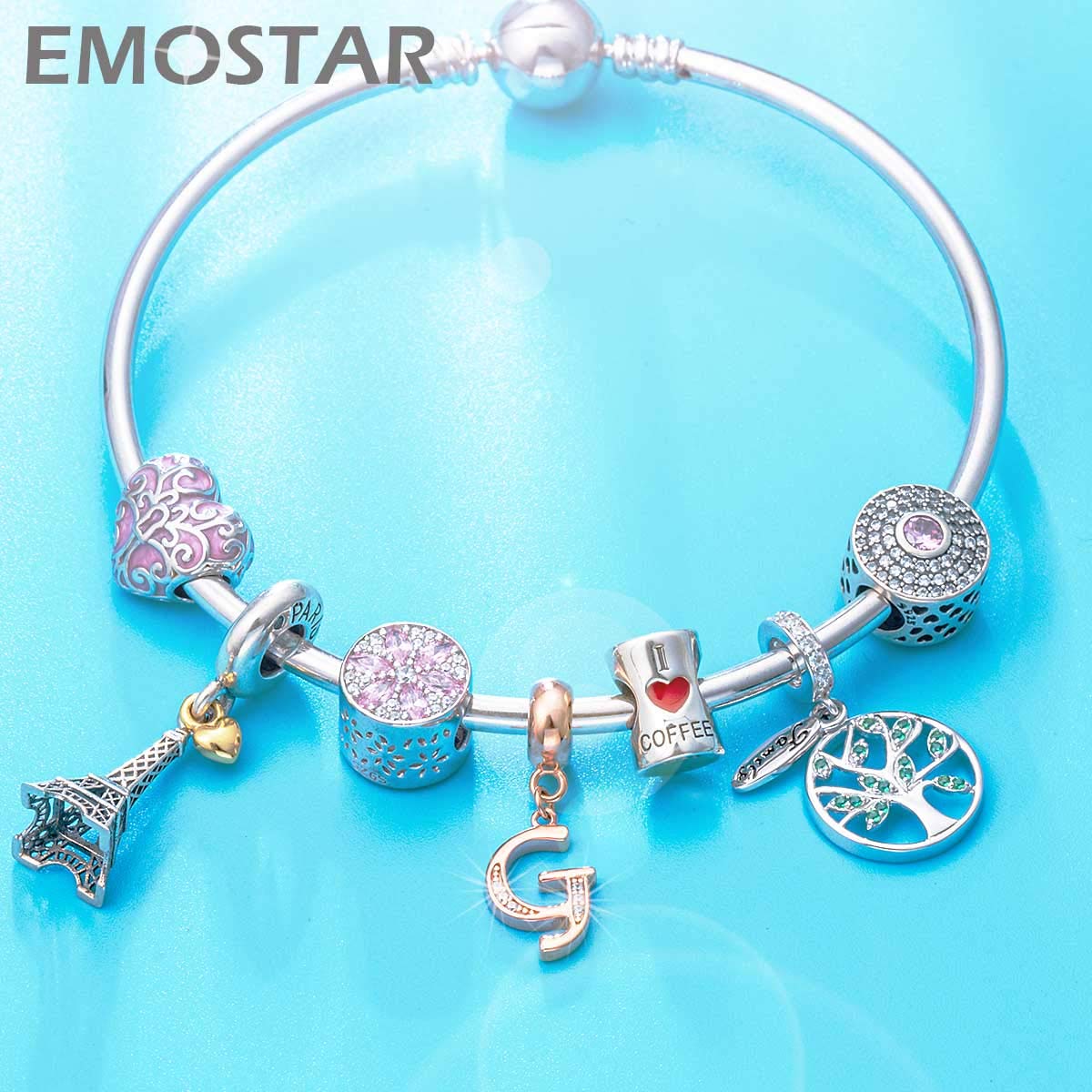 Letter G Charms Initial A-Z Alphabet Word Beads - Rose Gold Authentic 925 Sterling Silver Letra CZ Dangle, fits Pandora Style Br