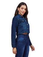 Miss Chase Womens Solid Polo Neck Full Sleeves Buttoned Denim Cropped Jacket (MCAW24DEN94-33-71-05, Navy Blue, L)