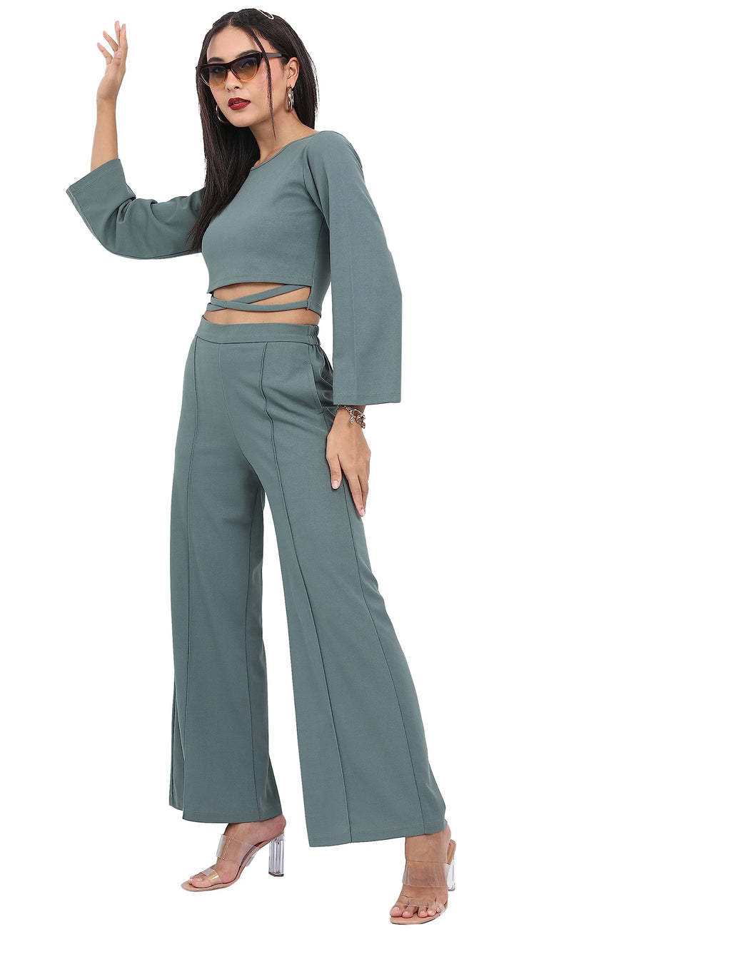 Ketch Polyester Blend Solid Women Western Casual Fit Co-Ord Set Standard Length Playwear Dress (Khce000061_Green_L)