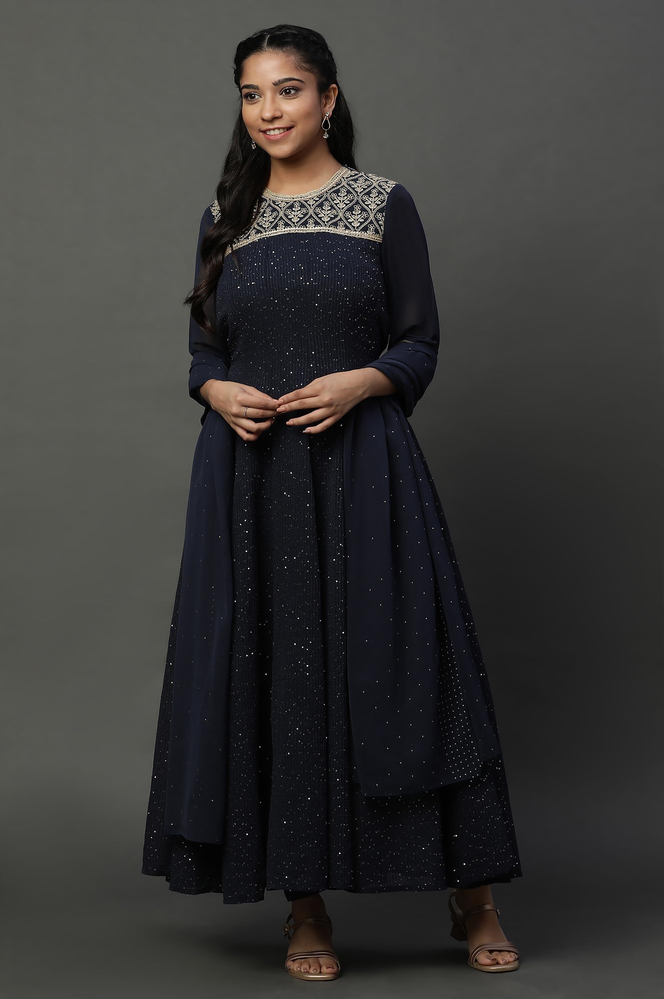 Blue Dori Embroidered Anarkali Kurta, Tights And Dupatta Set