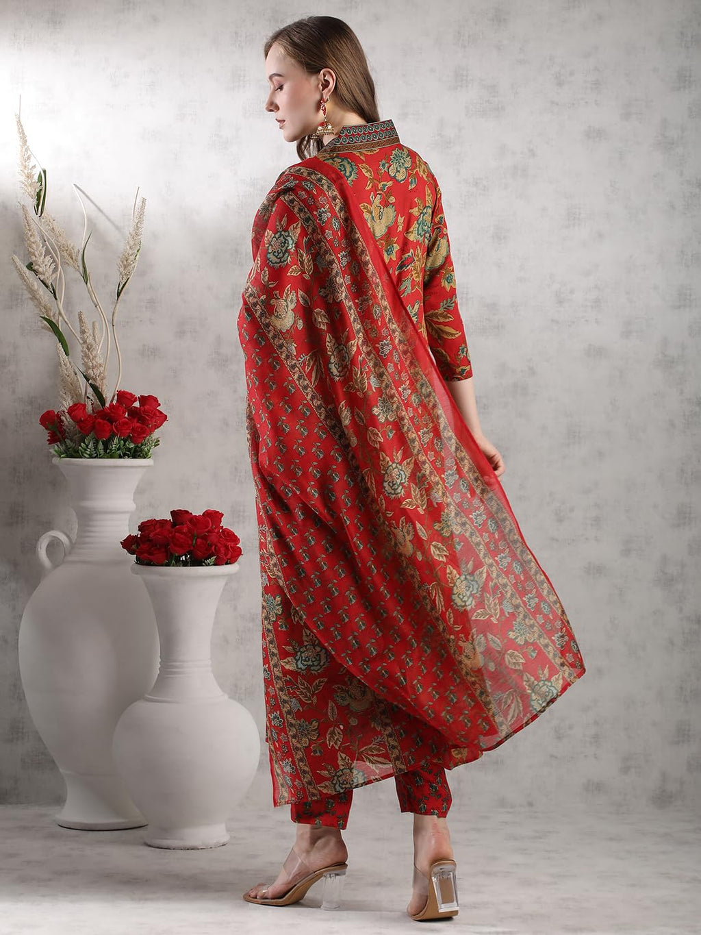 ANNI DESIGNER Women s Palazzo and Dupatta Rayon Blend Kurta, Red, 48
