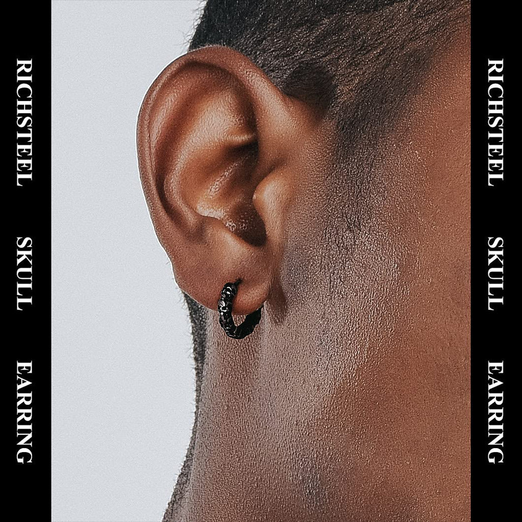 Punk Skull Earrings Black Hoop Huggie Earring for Men Gothic Halloween Jewelry