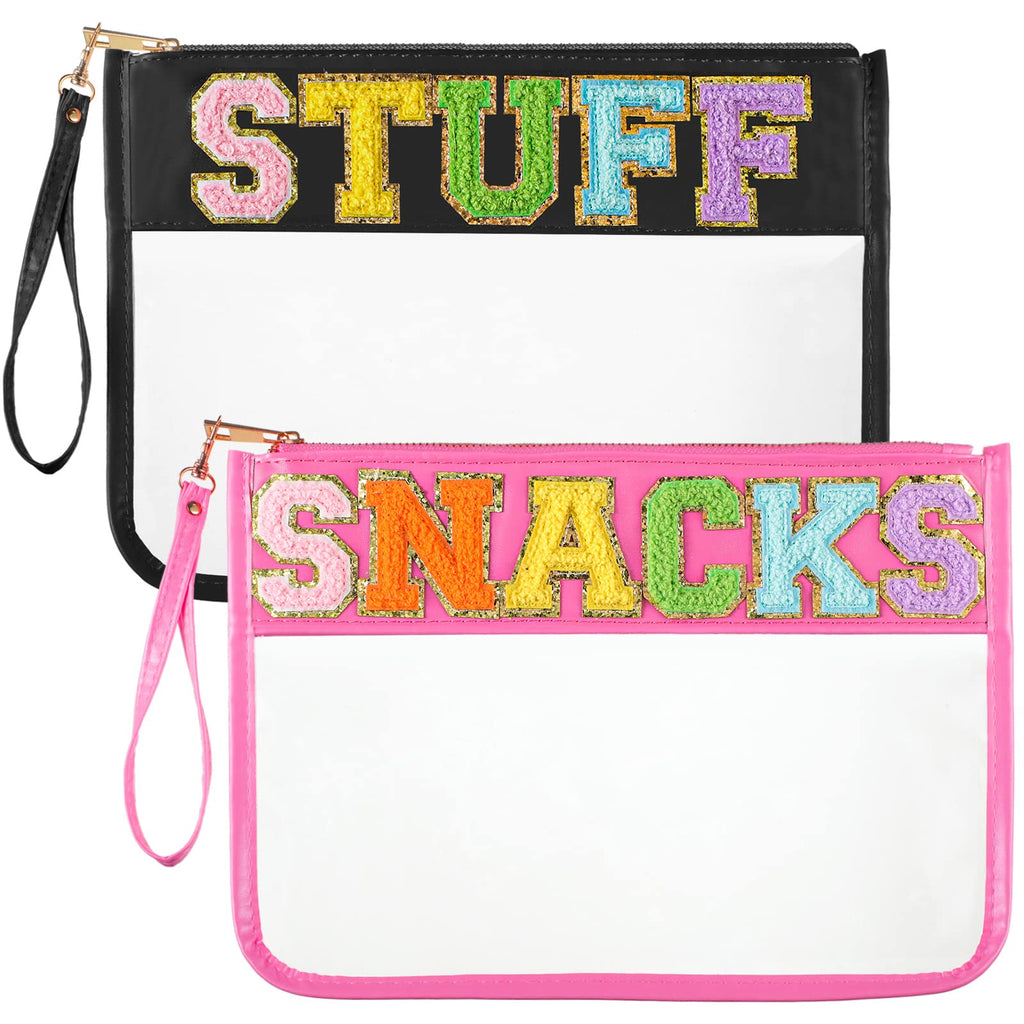 Sanwuta Chenille Letter Clear Zipper Pouch, 2Pcs Set, Classic Stuff Snacks, PU Leather, Transparent Travel Patch Pouch for Cosme