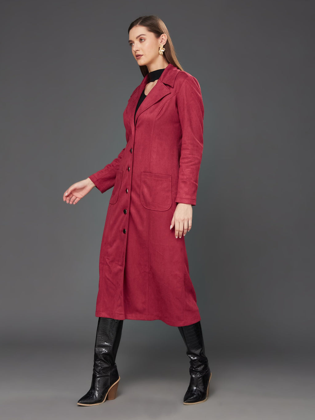 Miss Chase WomenS Solid V-Neck Full Sleeves Patched Pocketed Polyester Button Down Longline Winter Wear Jacket (Mcaw22Jkt03-47-