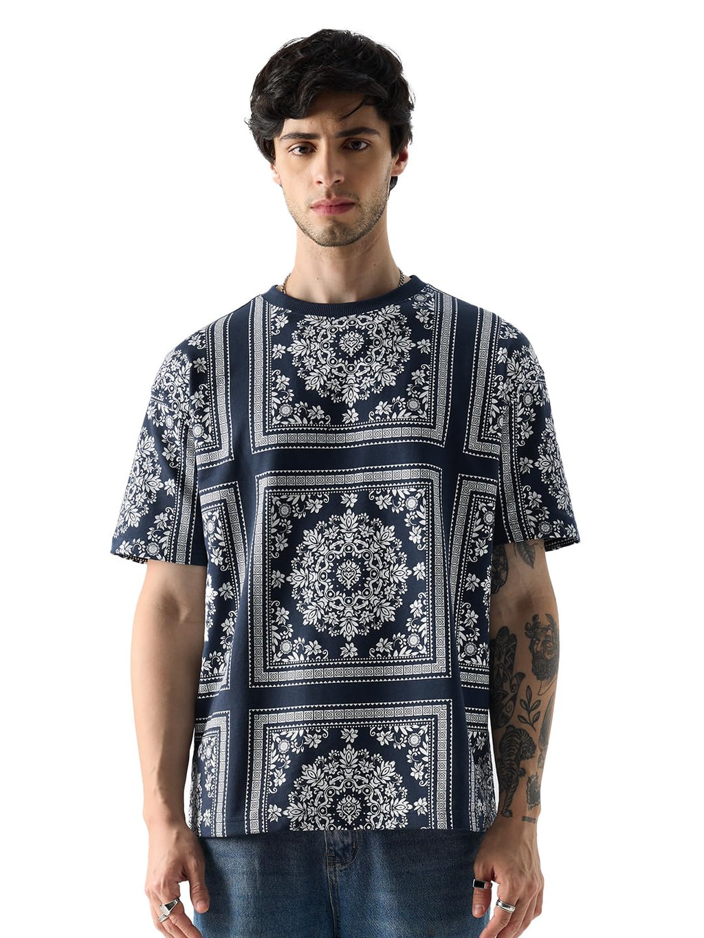 The Souled Store Fusion Bandana Men and Boys Short Sleeve Round Neck Blue All Over Print 100% Cotton Oversized Fit T-Shirts Over