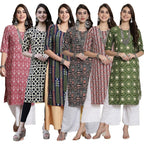 Pinkmint WomenS Crepe Kurti Round Neck Straight Kurti For Women Comfortable Kurti Regular Wear Kurti For WomenS (Pack Of 6)