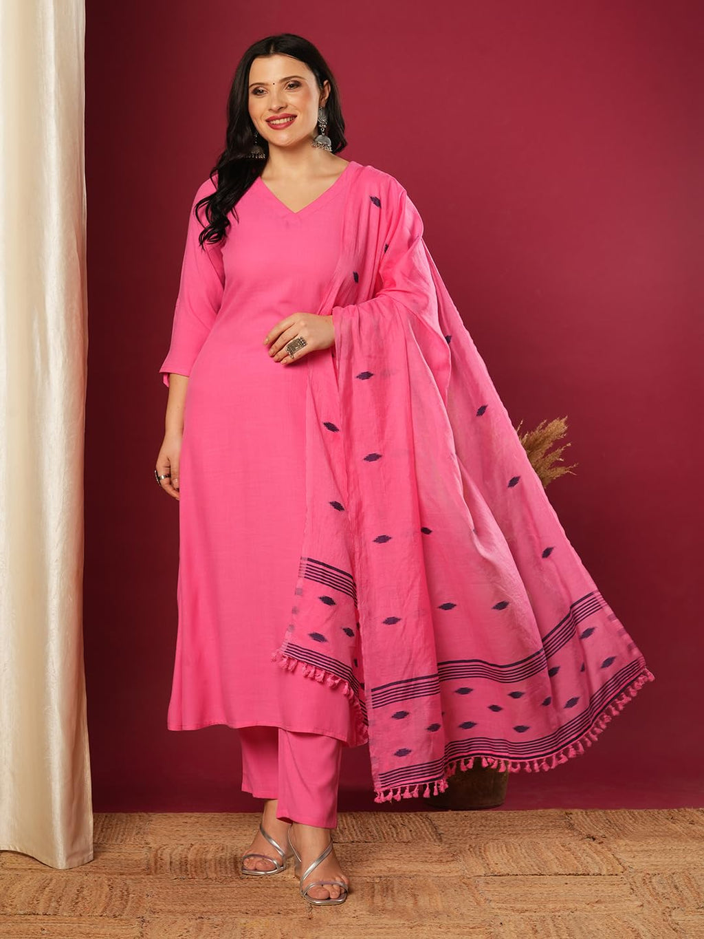 ANNI DESIGNER Ladies Viscose Rayon Kurta with Trousers and Dupatta, pink, L