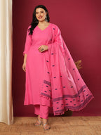 ANNI DESIGNER Ladies Viscose Rayon Kurta with Trousers and Dupatta, pink, L