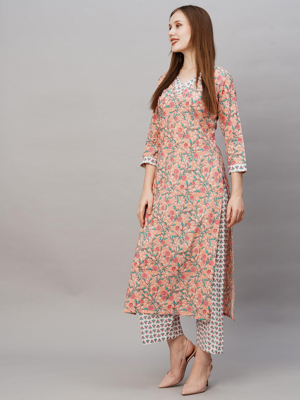 ANNI DESIGNER Womens Cotton Blend Printed Straight Kurta with Pant (Cam Peach_XXL_Peach_XX-Large)