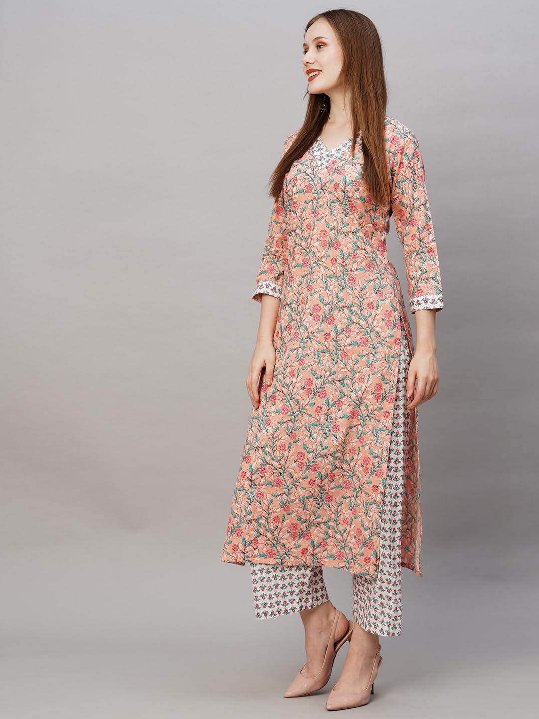 ANNI DESIGNER Womens Cotton Blend Printed Straight Kurta with Pant (Cam Peach_XXL_Peach_XX-Large)