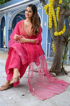 Gosriki Women'S Cotton Blend Straight Solid Kurta With Palazzo & Dupatta (With Rani-Go)