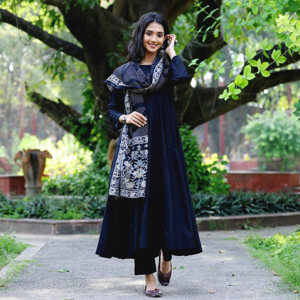 ANNI DESIGNER Women s Anarkali Plain Rayon Blend with Trousers and Dupatta, Light Brown::Blue, S