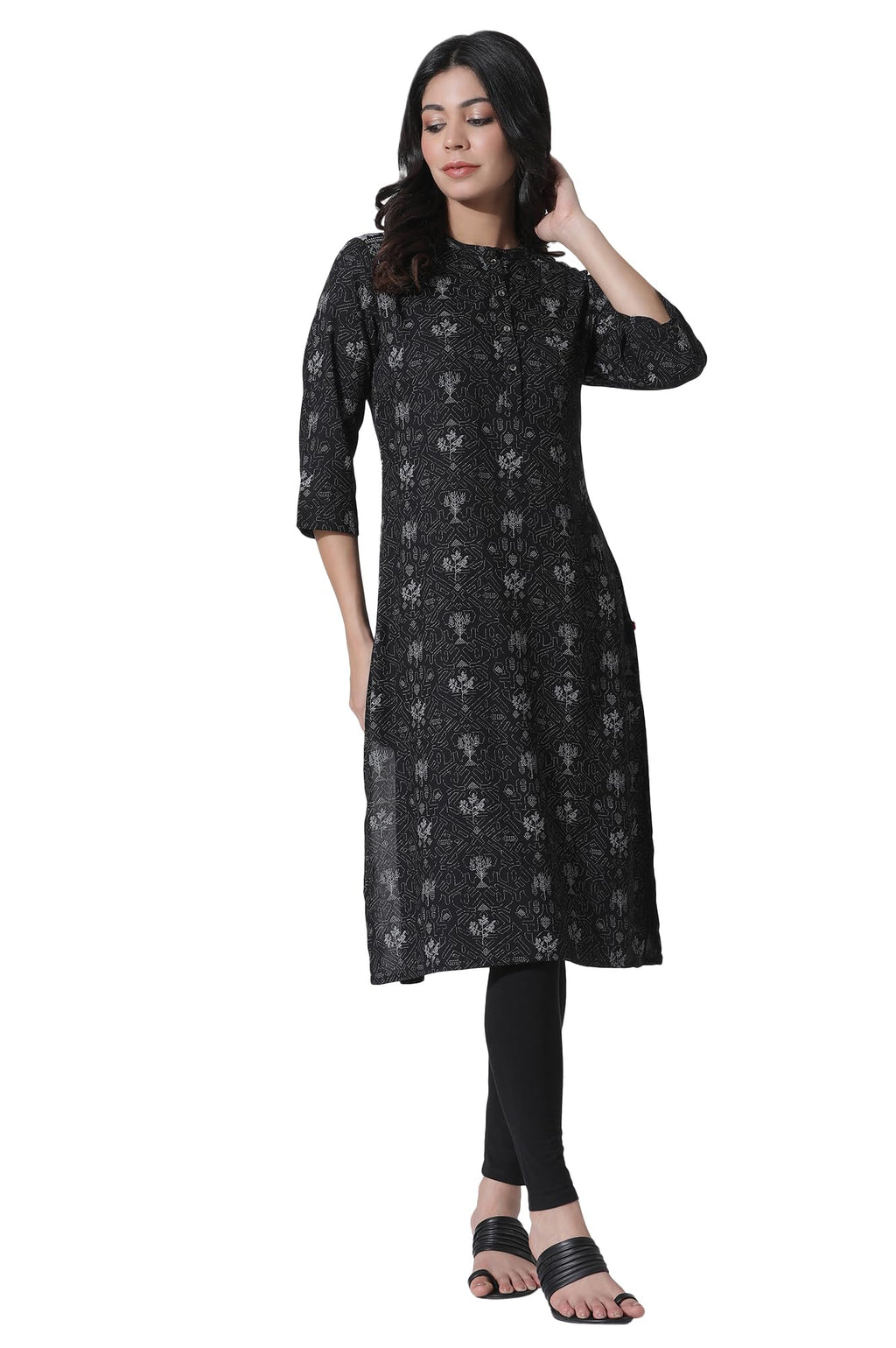 W For Woman Black Floral Printed Mandarin Collar Kurta And Tights Set_22Auws18106A-118634_S