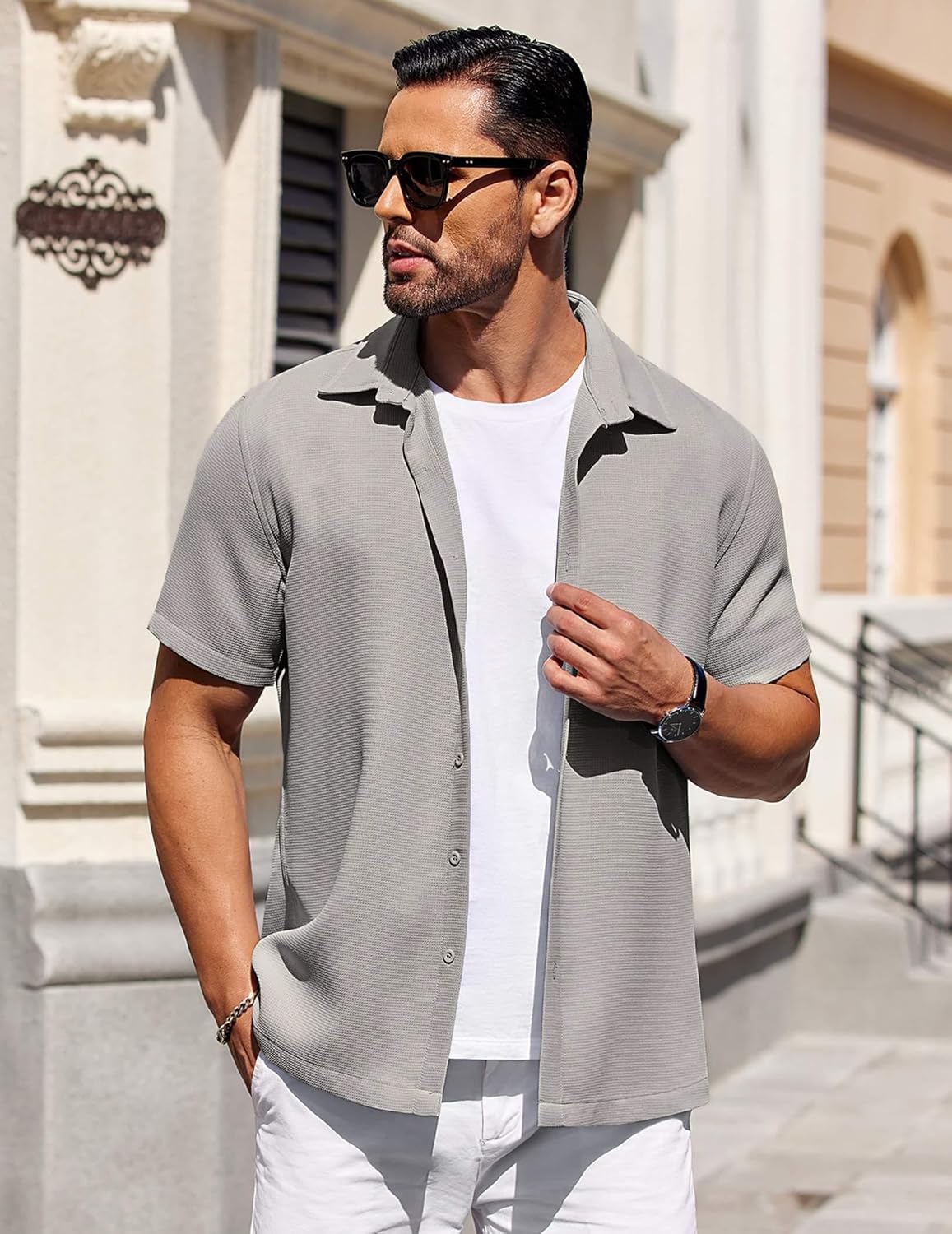 CB-COLEBROOK Mens Waffle Knit Shirt Short Sleeve Button Down Shirts Casual Beach Vacation Shirts Latest Textured Wrinkle Free Sh