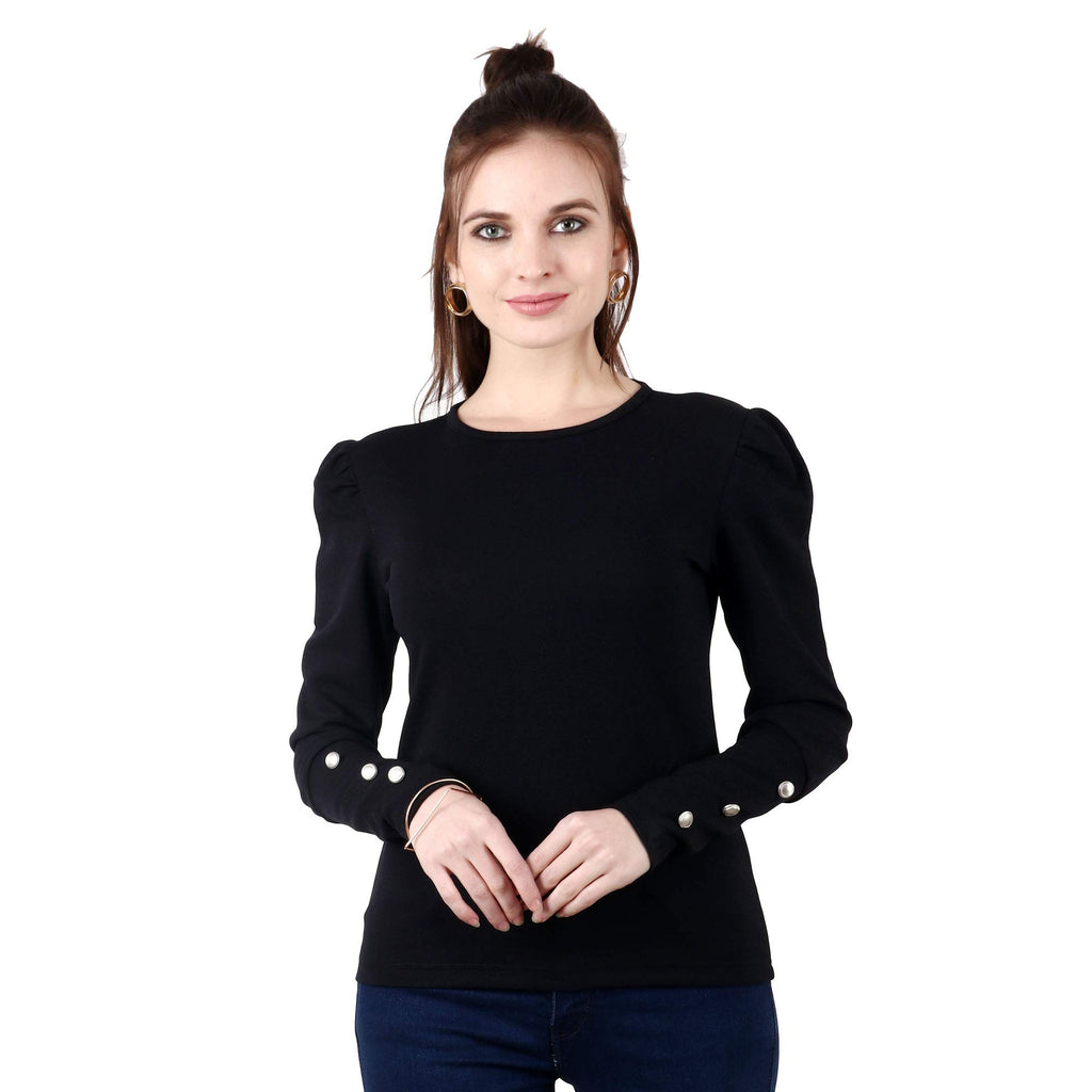 POPWINGS Casual Solid Puff Button Long Sleeves Slim Fit Tops for Women || Summer Round Neck and Stylish Western Black Top for Wo