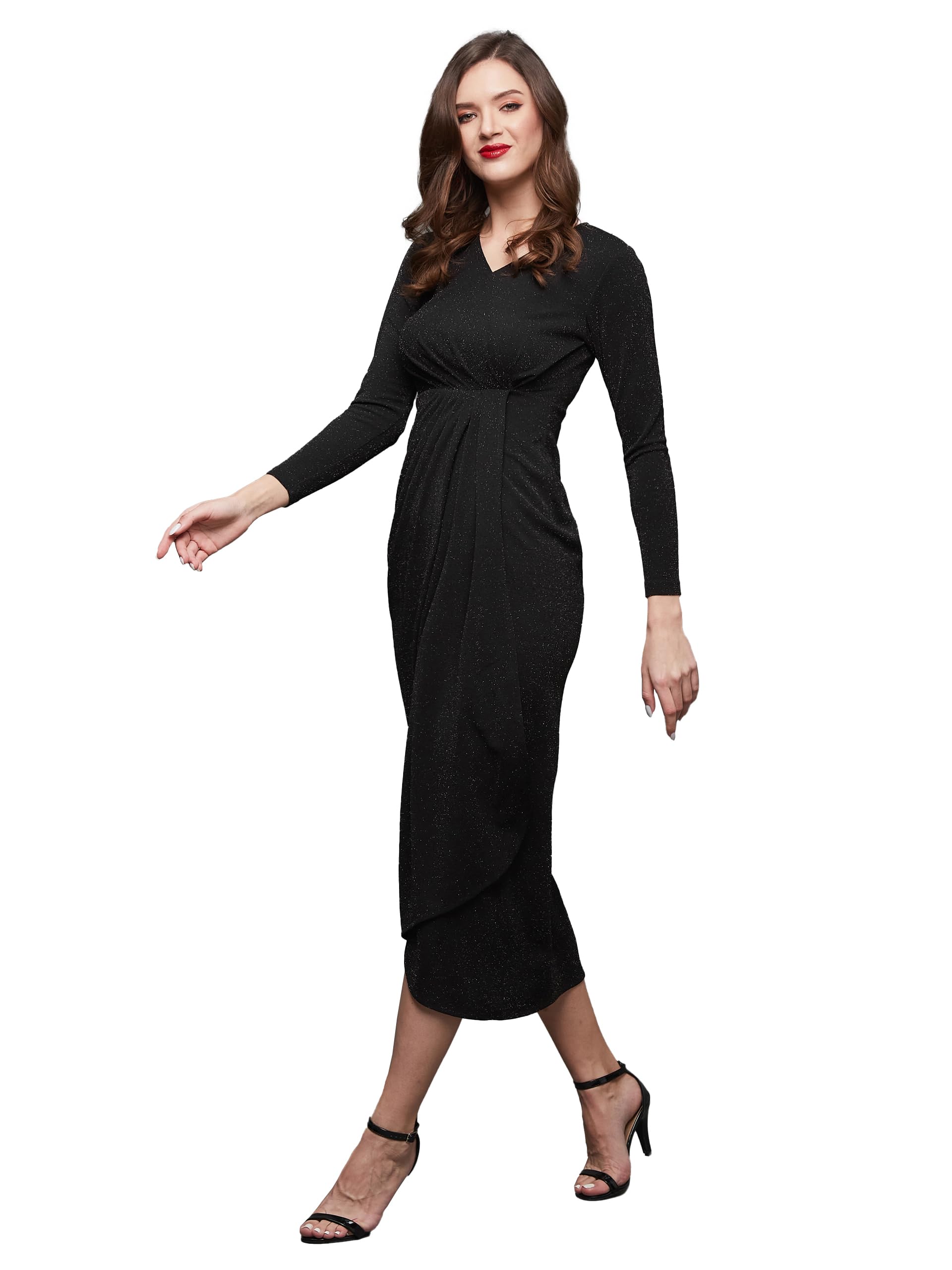 Miss Chase Womens V-Neck Full Sleeve Self Designed Wrap Midi Dress (MCAW24D94-92-62-06, Black, XL)