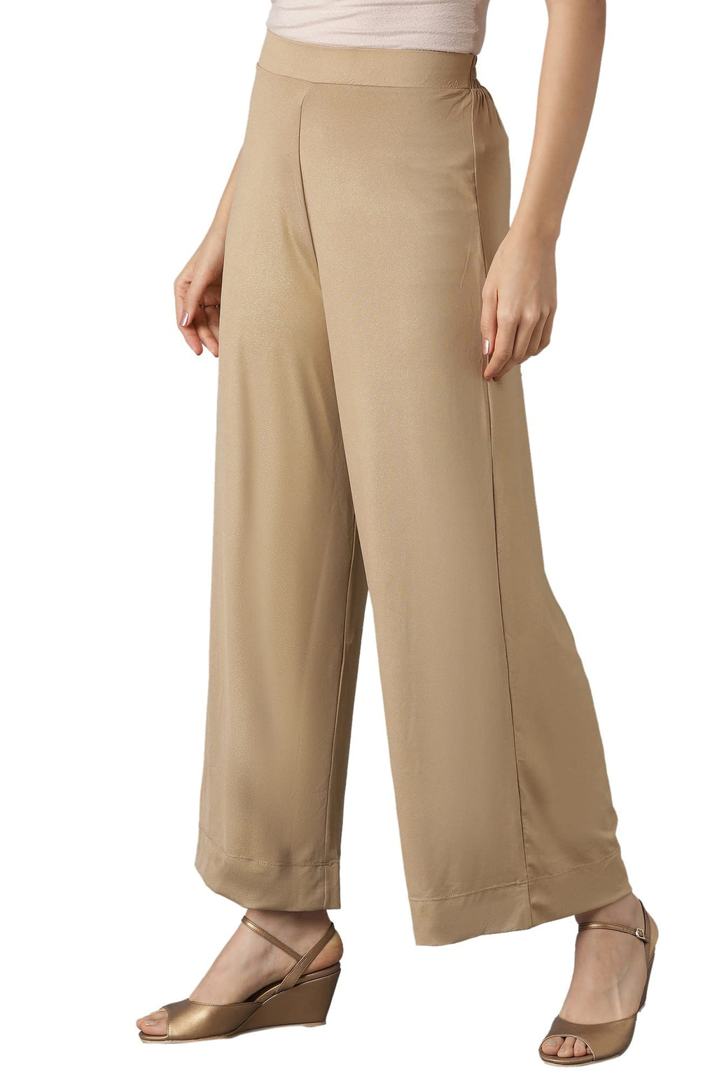 Aurelia Gold Solid Poly-Blend Palazzos Ethnic Bottomwear