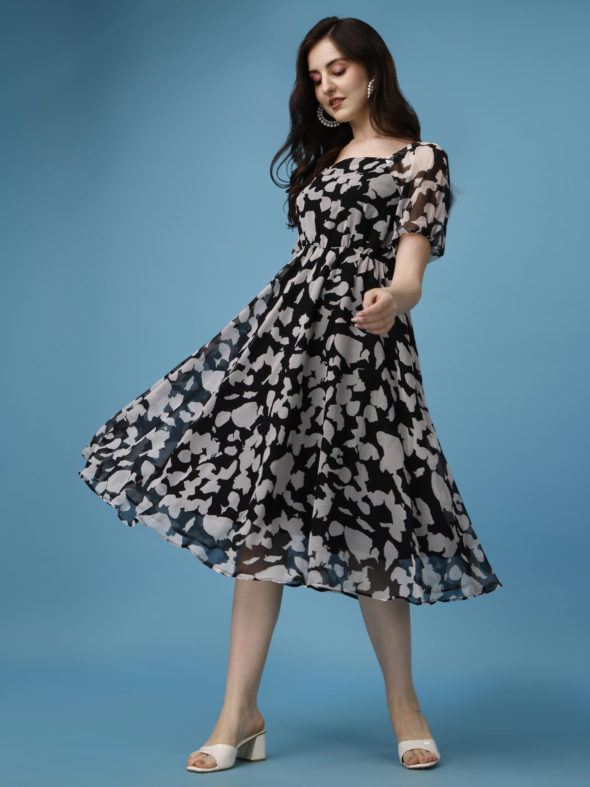 Trillmixa WomenS Georgette Midi Dress With Floral Printed Pattern Half Sleeves Knee Length Round Neck And Regular Fit Black