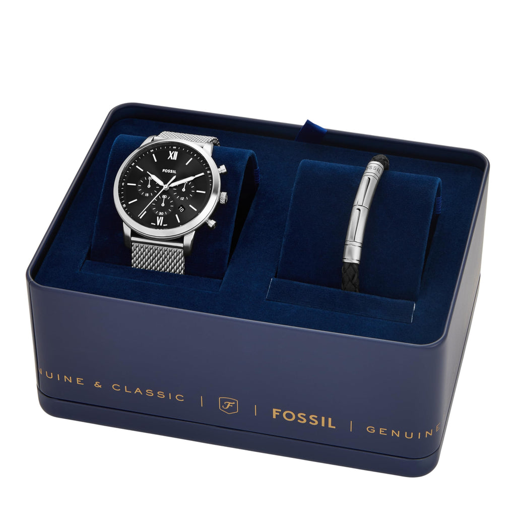 Fossil Men's Neutra Gift Set Chronograph Stainless Steel Watch, Color: Silver Mesh Bracelet Set (Model: FS6020SET)