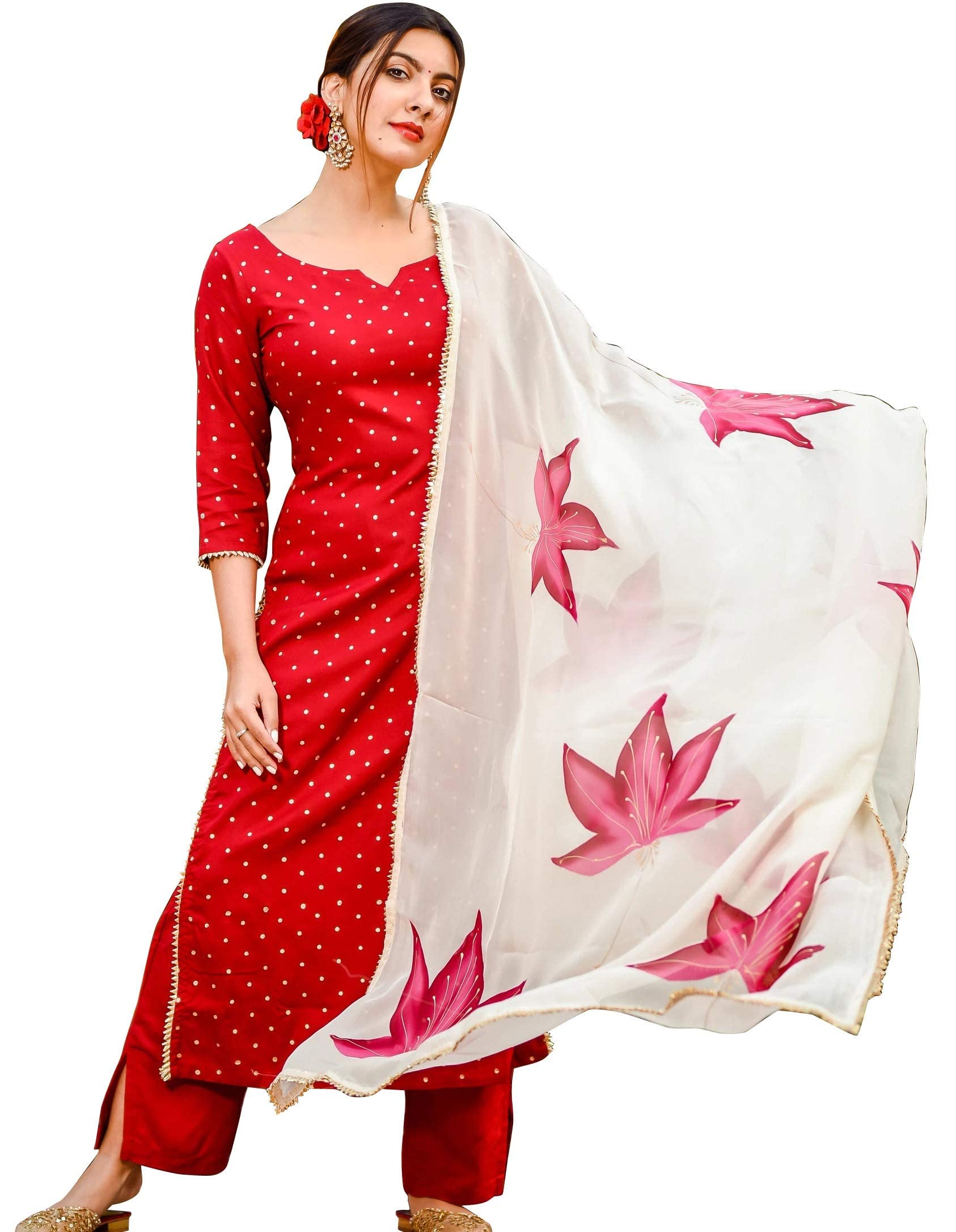 ANNI DESIGNER Women's Rayon Floral Printed Straight Kurta with Palazzos & with Dupatta (Rayon Red-NWST_XXL_Red_XX-Large)