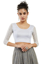 Soch Silver Spandex Prince Cut Blouse With Floral Sleeves