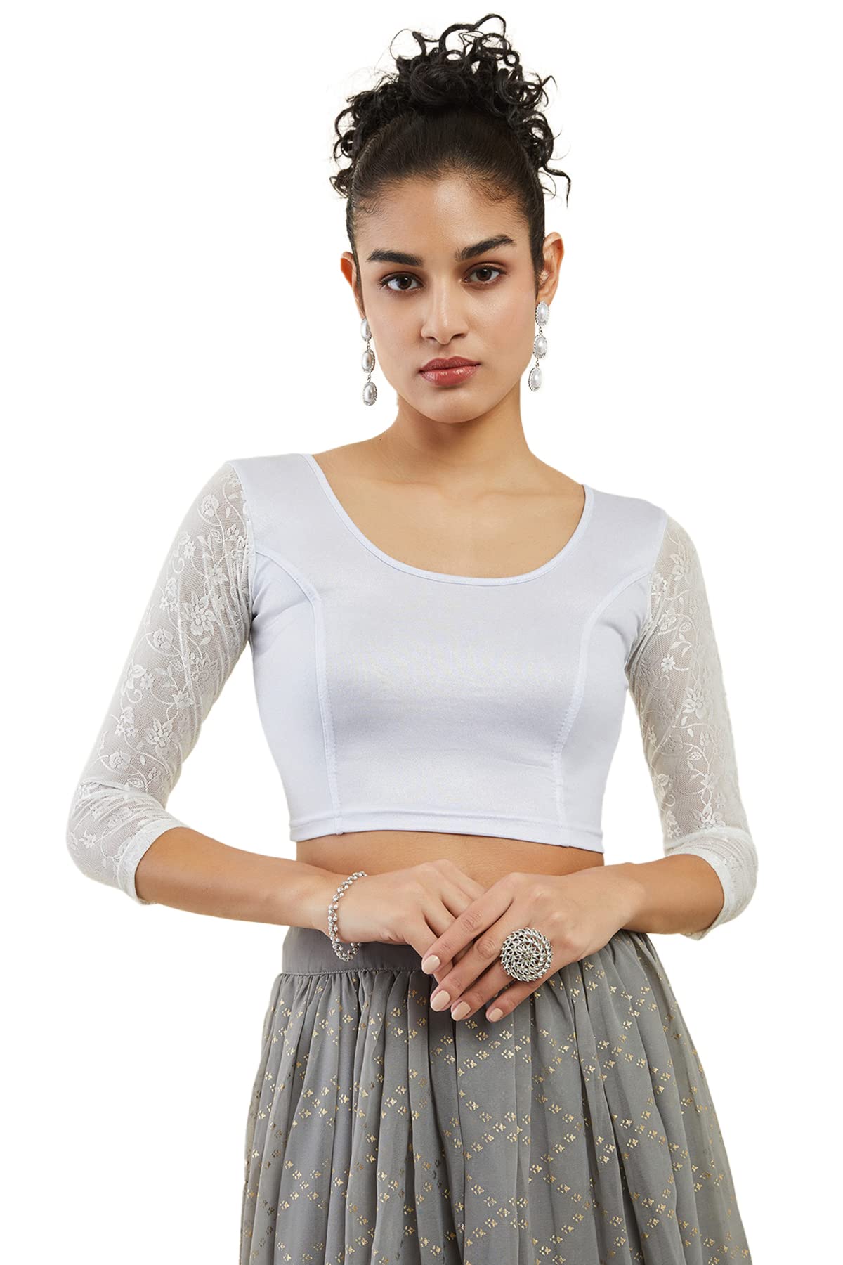 Soch Silver Spandex Prince Cut Blouse With Floral Sleeves