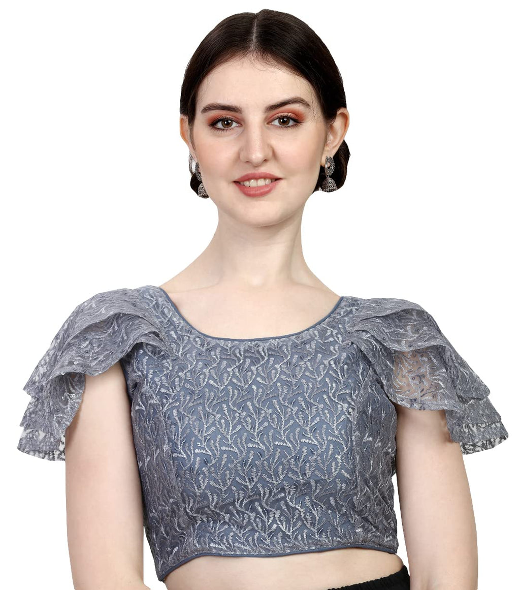Pujia Mills Womens Shifly Net Work Ruffle Sleeves Readymade Saree Blouse (sipli Blouse_Grey_38)