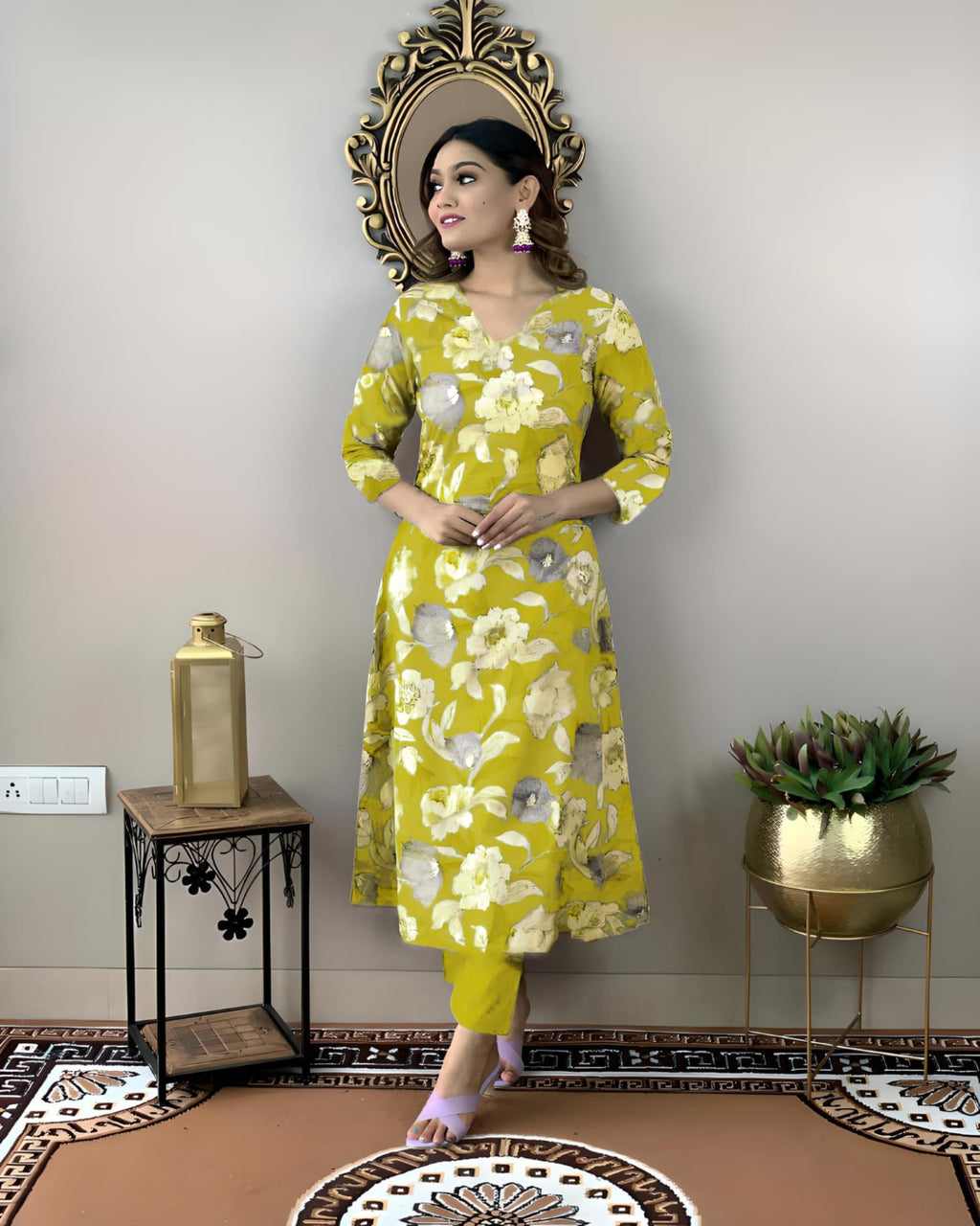 ANNI DESIGNER Womens Cotton Blend Straight Printed Kurta with Pant (DHUN Lemon_XL_Lemon_X-Large)