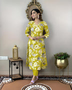 ANNI DESIGNER Womens Cotton Blend Straight Printed Kurta with Pant (DHUN Lemon_XL_Lemon_X-Large)