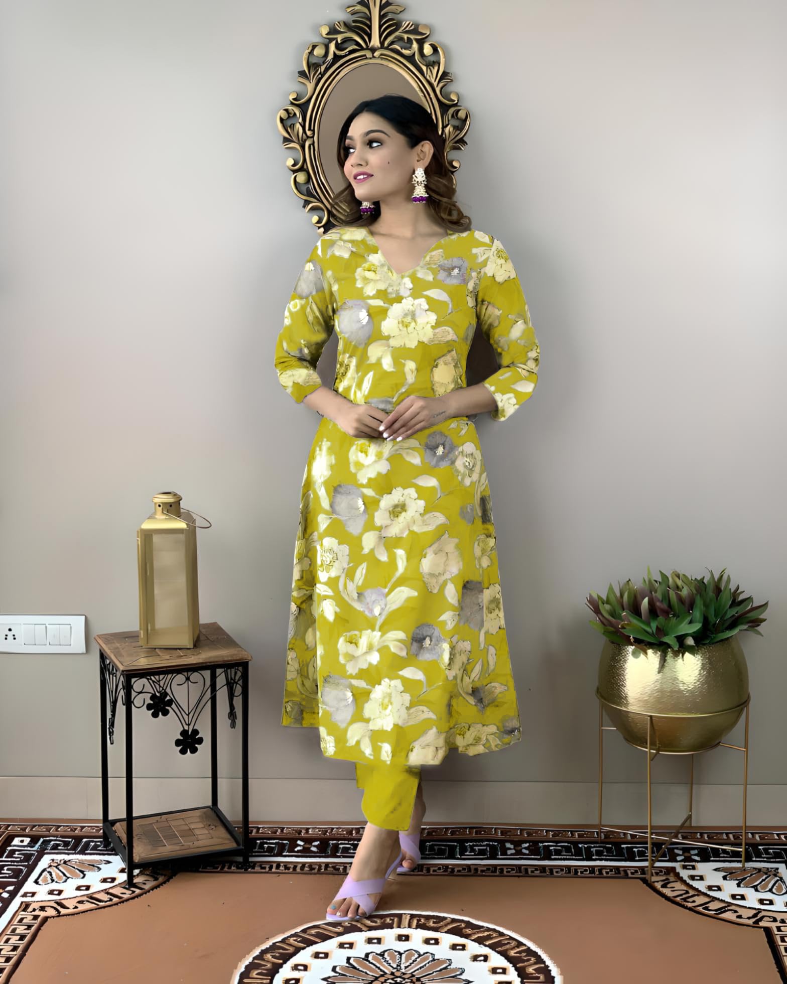 ANNI DESIGNER Womens Cotton Blend Straight Printed Kurta with Pant (DHUN Lemon_XL_Lemon_X-Large)
